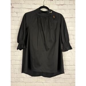 TUCKERNUCK Black High Neck A Line Blouse Top Shirt XS Floral Buttons 3/4 Sleeve